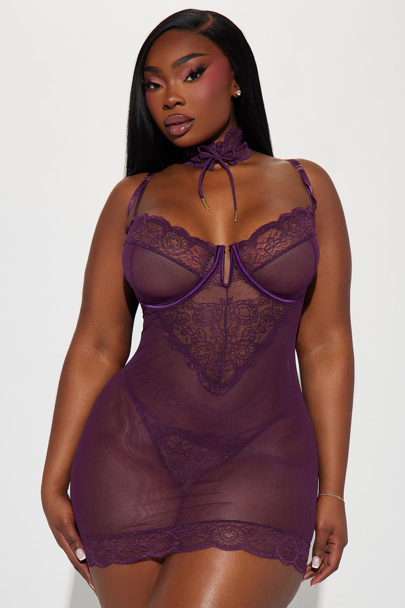 Shy Around You Choker Lace Chemise Set - Plum